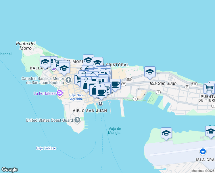 map of restaurants, bars, coffee shops, grocery stores, and more near 331 Calle Recinto Sur in San Juan