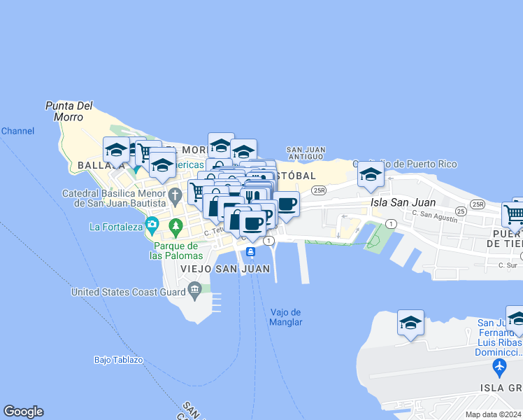 map of restaurants, bars, coffee shops, grocery stores, and more near 331 Calle Recinto Sur in San Juan