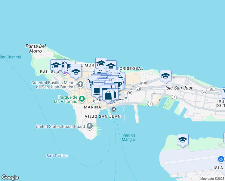map of restaurants, bars, coffee shops, grocery stores, and more near 317 Calle Fortaleza in San Juan