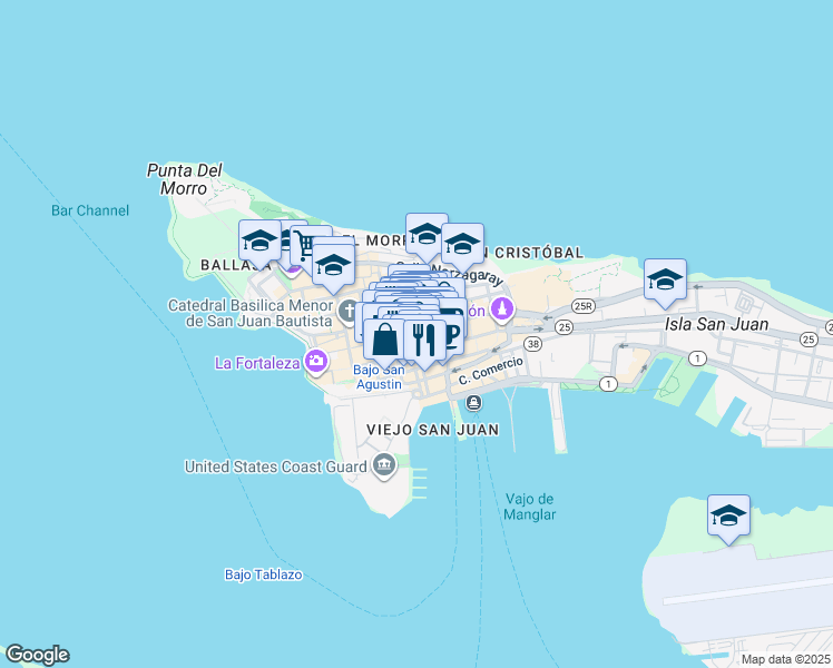 map of restaurants, bars, coffee shops, grocery stores, and more near 208 Calle de la Fortaleza in San Juan