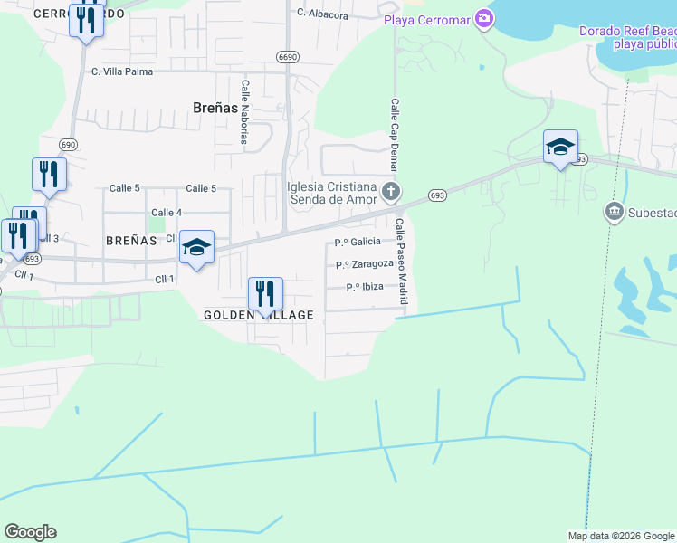 map of restaurants, bars, coffee shops, grocery stores, and more near 14 Paseo Galicia in Vega Alta