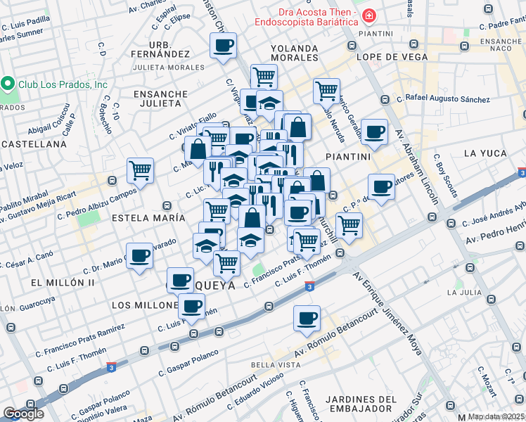 map of restaurants, bars, coffee shops, grocery stores, and more near 151 Calle Victor Garrido Puello in Santo Domingo