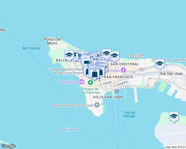 map of restaurants, bars, coffee shops, grocery stores, and more near in San Juan