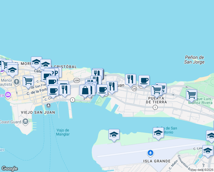 map of restaurants, bars, coffee shops, grocery stores, and more near in San Juan Antiguo