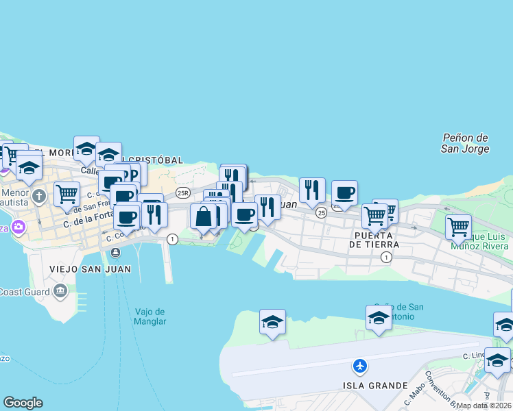 map of restaurants, bars, coffee shops, grocery stores, and more near in San Juan Antiguo