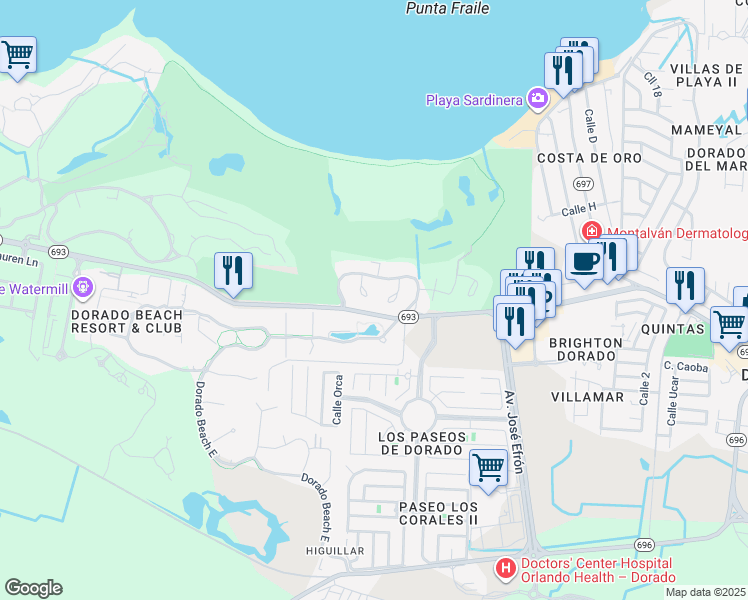 map of restaurants, bars, coffee shops, grocery stores, and more near in Higuillar