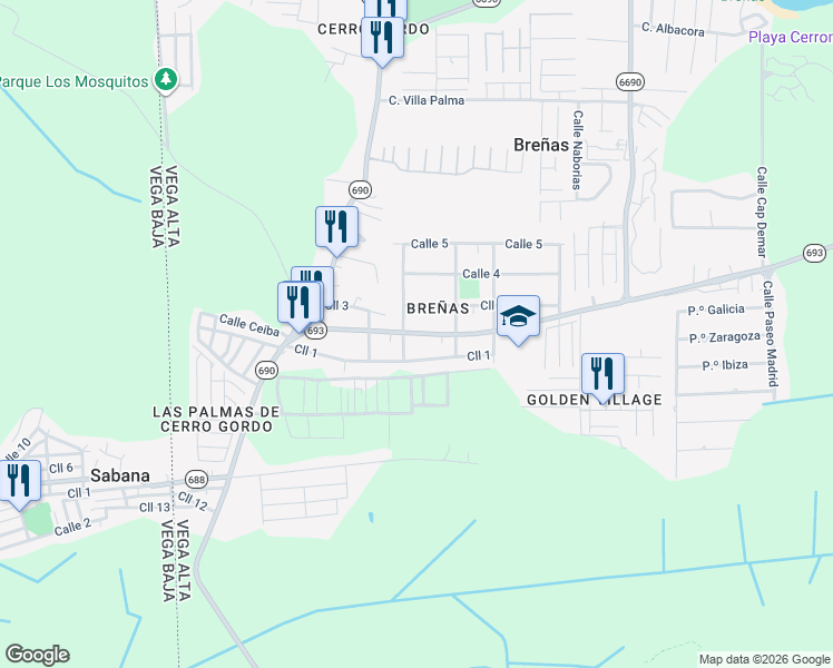 map of restaurants, bars, coffee shops, grocery stores, and more near in Sabana