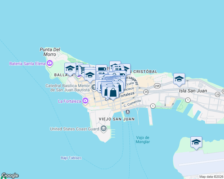map of restaurants, bars, coffee shops, grocery stores, and more near in San Juan