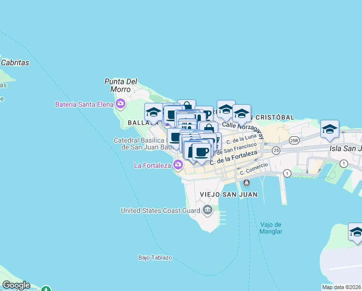 map of restaurants, bars, coffee shops, grocery stores, and more near in San Juan
