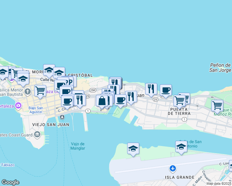 map of restaurants, bars, coffee shops, grocery stores, and more near in San Juan