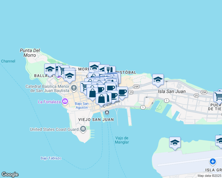 map of restaurants, bars, coffee shops, grocery stores, and more near in San Juan