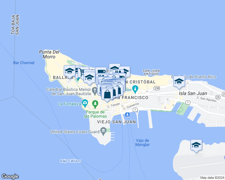 map of restaurants, bars, coffee shops, grocery stores, and more near in San Juan