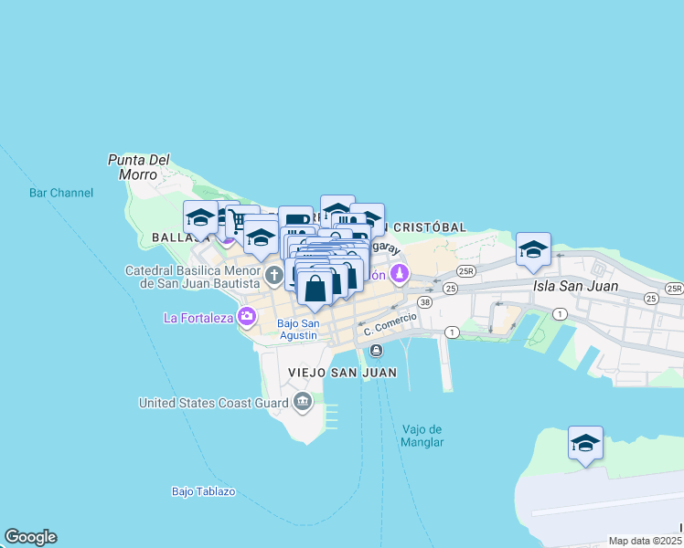 map of restaurants, bars, coffee shops, grocery stores, and more near in San Juan