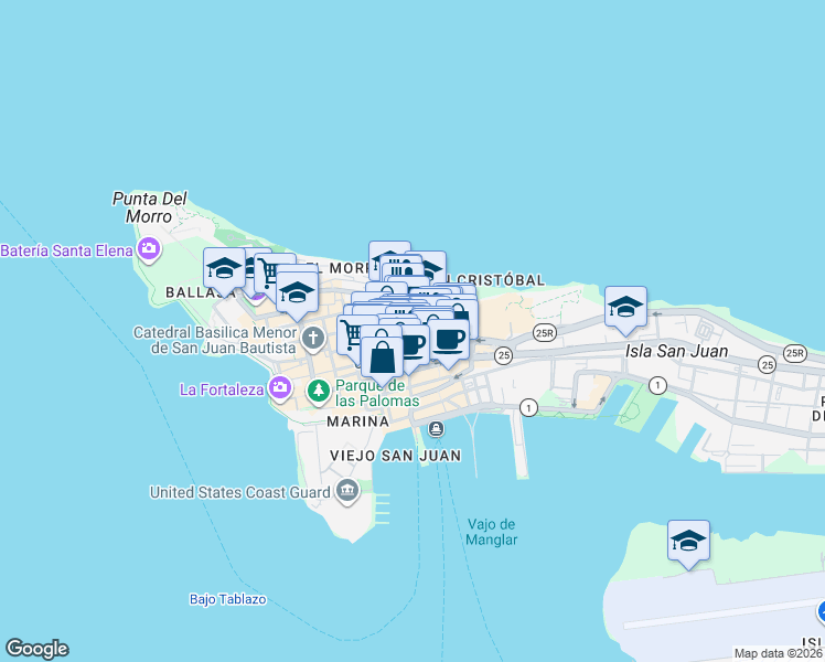 map of restaurants, bars, coffee shops, grocery stores, and more near in San Juan