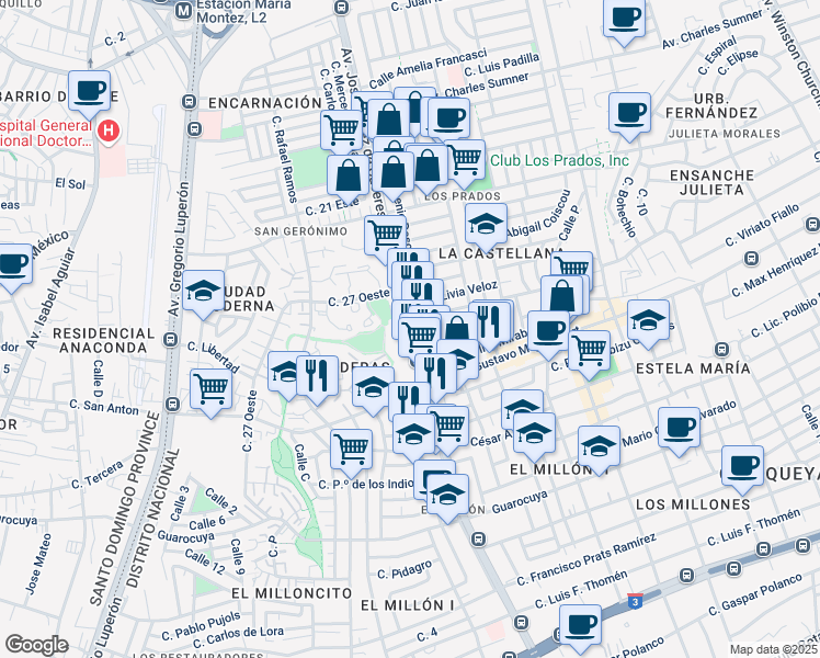 map of restaurants, bars, coffee shops, grocery stores, and more near Avenida Núñez de Cáceres in Santo Domingo