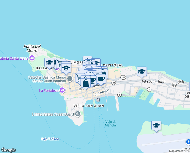 map of restaurants, bars, coffee shops, grocery stores, and more near in San Juan
