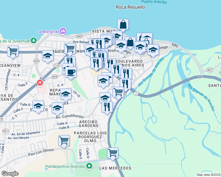 map of restaurants, bars, coffee shops, grocery stores, and more near Avenida Esteban Padilla in Arecibo