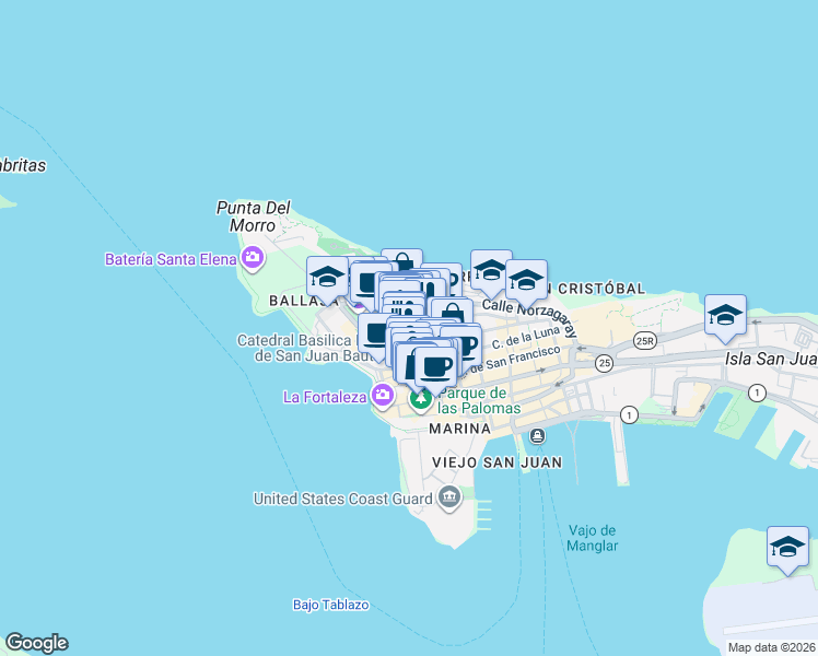 map of restaurants, bars, coffee shops, grocery stores, and more near in San Juan