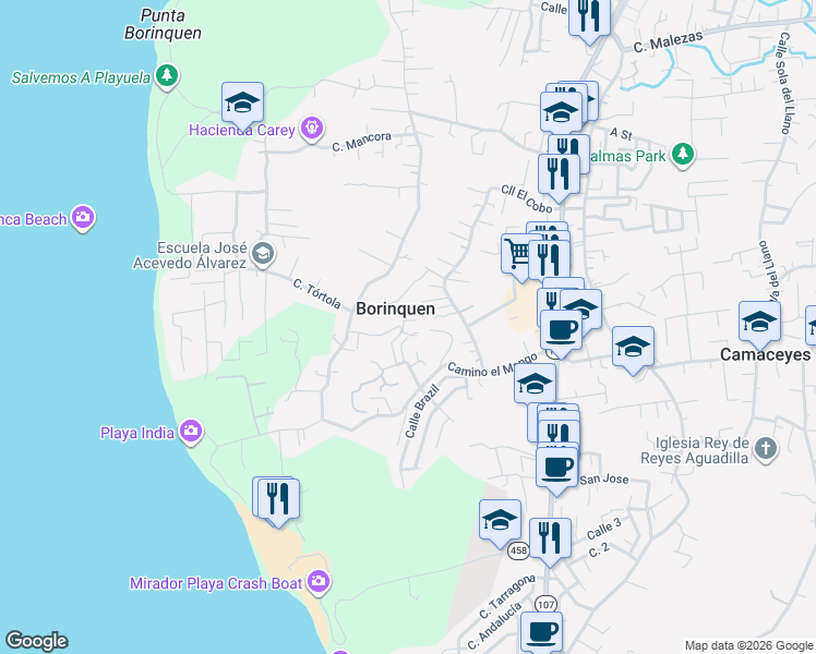 map of restaurants, bars, coffee shops, grocery stores, and more near in Borinquen
