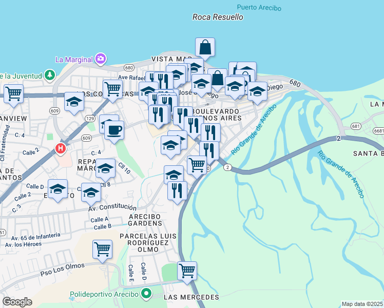 map of restaurants, bars, coffee shops, grocery stores, and more near Avenida Esteban Padilla in Arecibo
