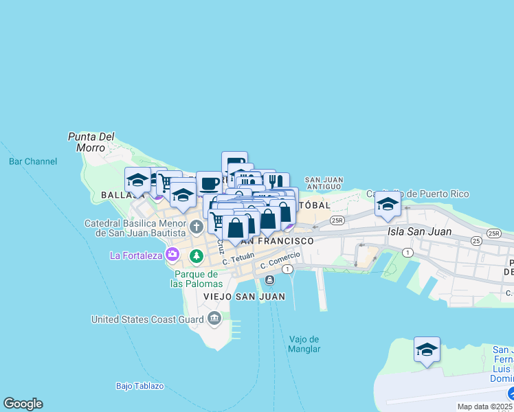 map of restaurants, bars, coffee shops, grocery stores, and more near Calle Jose Celso Barbosa in San Juan