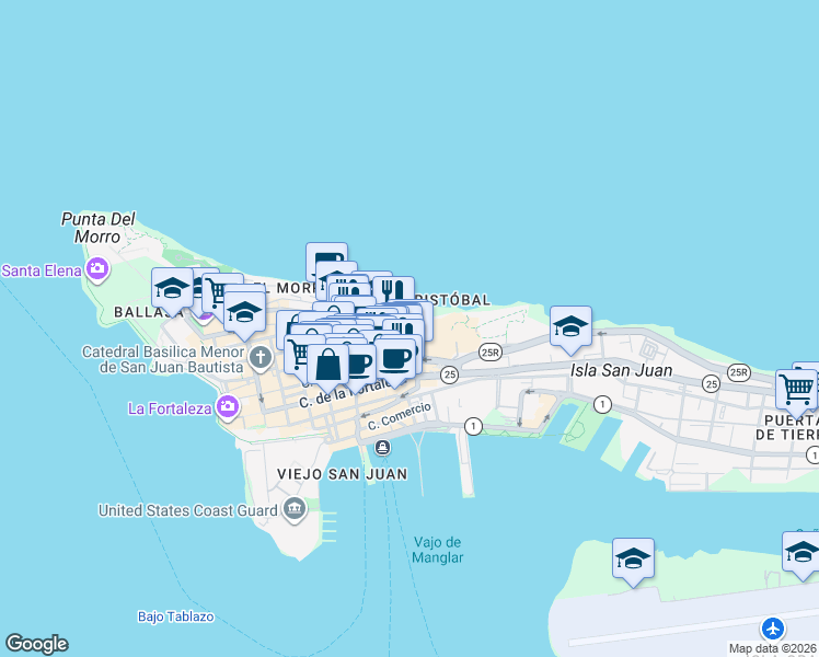 map of restaurants, bars, coffee shops, grocery stores, and more near 669 Sol Street in San Juan