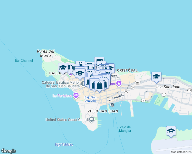 map of restaurants, bars, coffee shops, grocery stores, and more near 260 Calle Norzagaray in San Juan