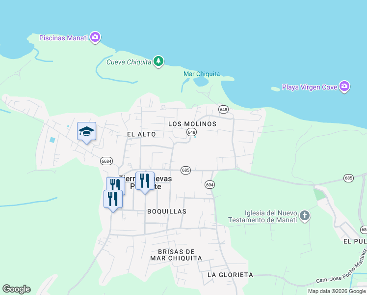map of restaurants, bars, coffee shops, grocery stores, and more near Prairie-684 in Manatí