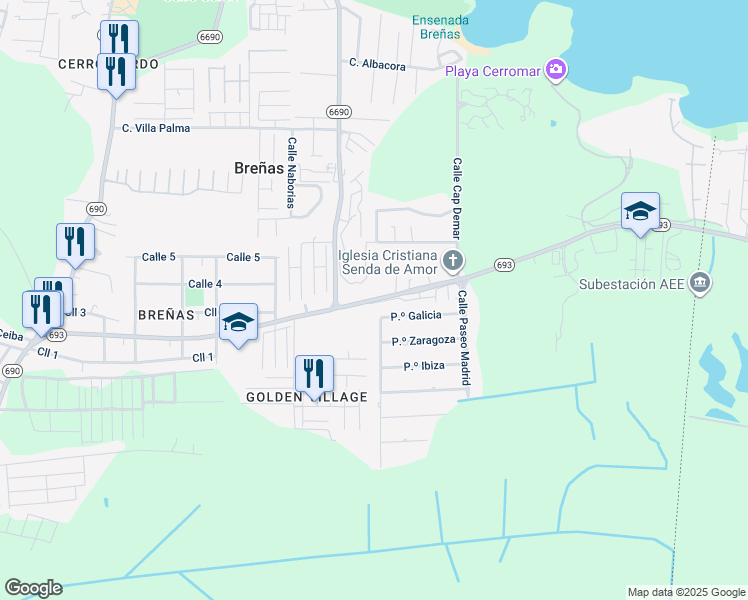 map of restaurants, bars, coffee shops, grocery stores, and more near Highway 693 in Dorado