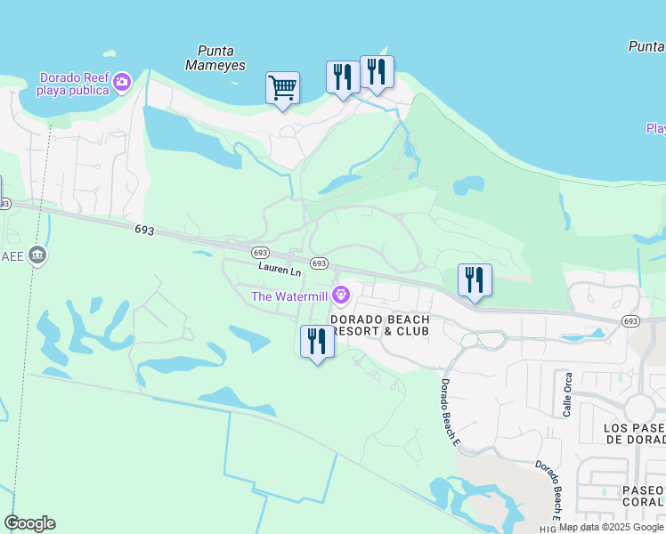 map of restaurants, bars, coffee shops, grocery stores, and more near Carretera Puerto Rico 693 in Dorado