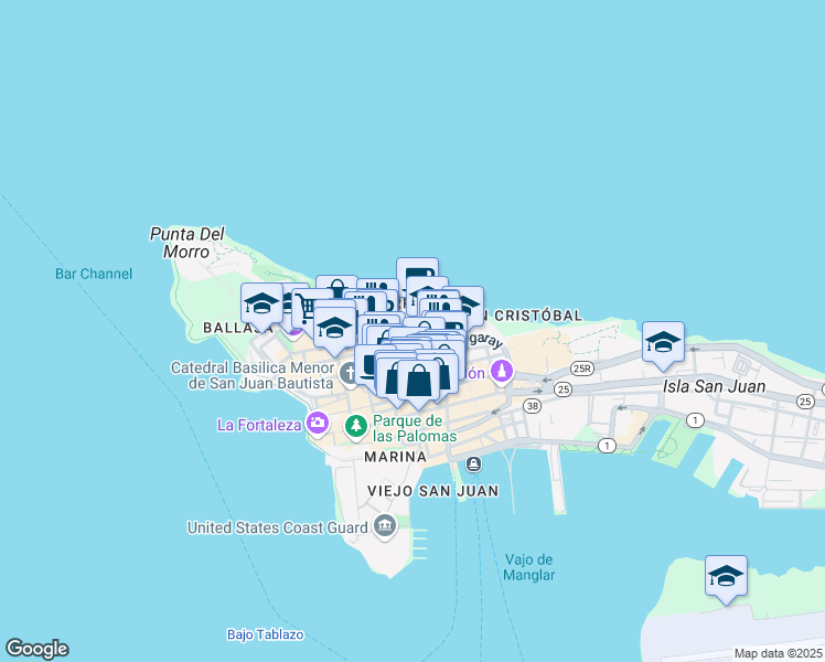 map of restaurants, bars, coffee shops, grocery stores, and more near Bulevar del Valle in San Juan