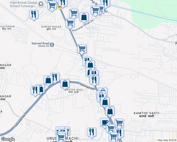 map of restaurants, bars, coffee shops, grocery stores, and more near Pune Saswad Road in Fursungi
