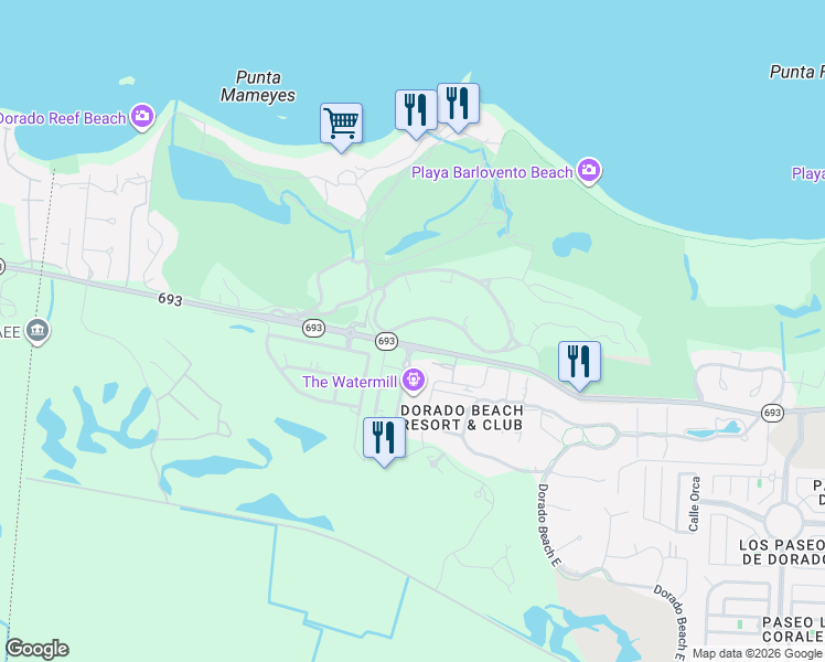 map of restaurants, bars, coffee shops, grocery stores, and more near Carretera Puerto Rico 693 in Dorado