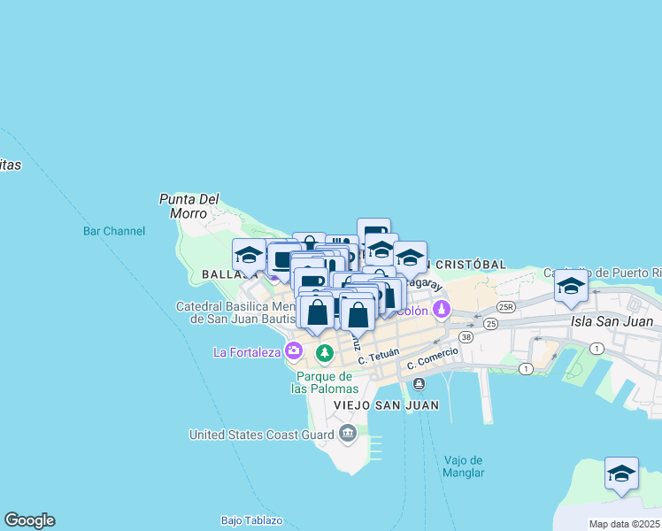 map of restaurants, bars, coffee shops, grocery stores, and more near Calle Tiburcio Reyes in San Juan