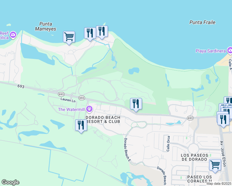 map of restaurants, bars, coffee shops, grocery stores, and more near Carretera Puerto Rico 693 in Dorado