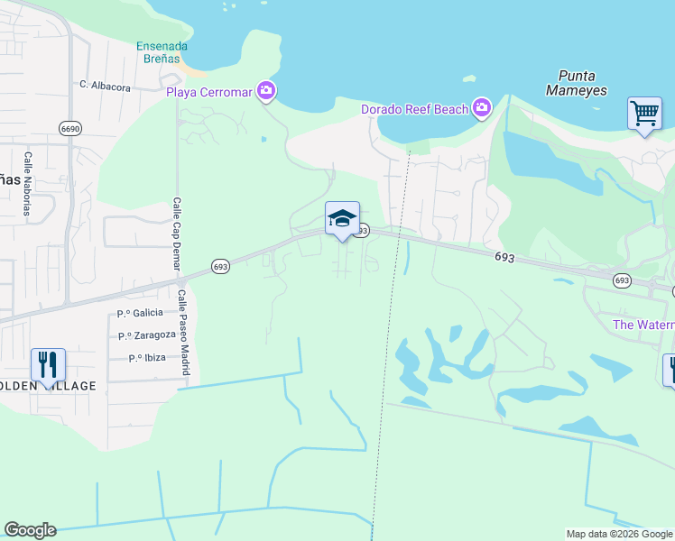 map of restaurants, bars, coffee shops, grocery stores, and more near Highway 693 in Dorado