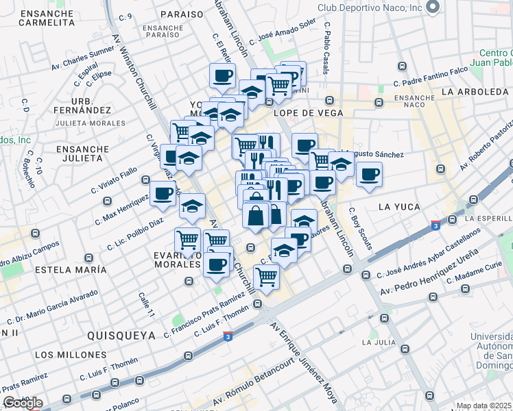 map of restaurants, bars, coffee shops, grocery stores, and more near Calle Lic. Porfirio Herrera in Santo Domingo