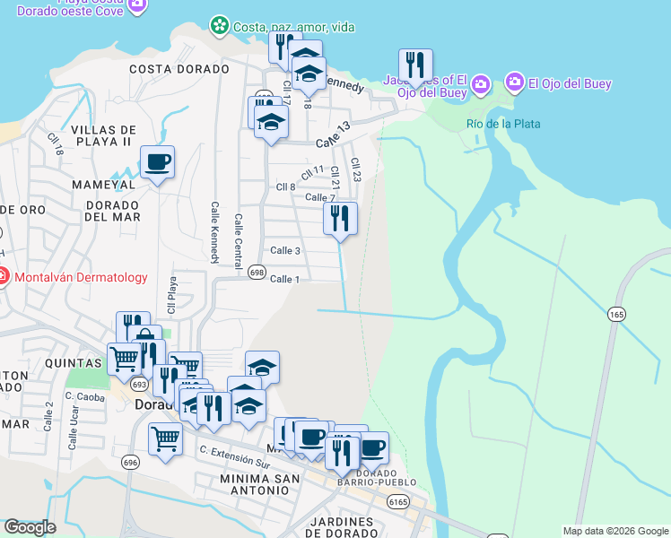 map of restaurants, bars, coffee shops, grocery stores, and more near 12 Calle 2 in Dorado