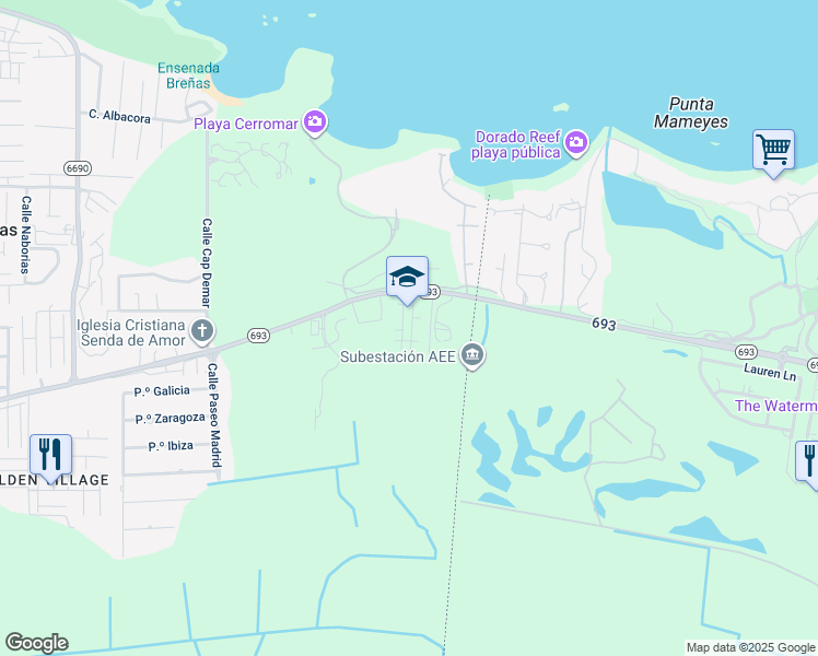 map of restaurants, bars, coffee shops, grocery stores, and more near Highway 693 in Dorado