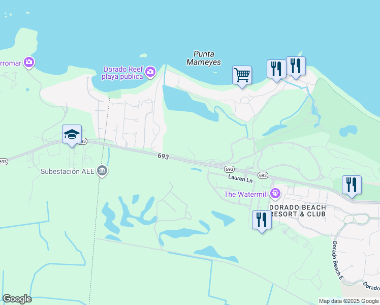 map of restaurants, bars, coffee shops, grocery stores, and more near Carretera Puerto Rico 693 in Dorado