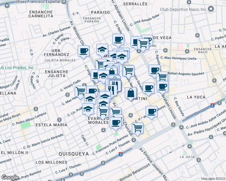 map of restaurants, bars, coffee shops, grocery stores, and more near Calle Andrés Julio Aybar in Santo Domingo