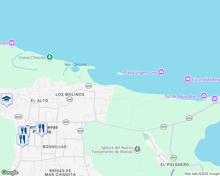 map of restaurants, bars, coffee shops, grocery stores, and more near in Tierras Nuevas Saliente