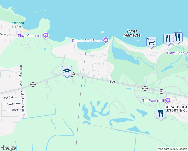 map of restaurants, bars, coffee shops, grocery stores, and more near Boulevar Miramar in Dorado