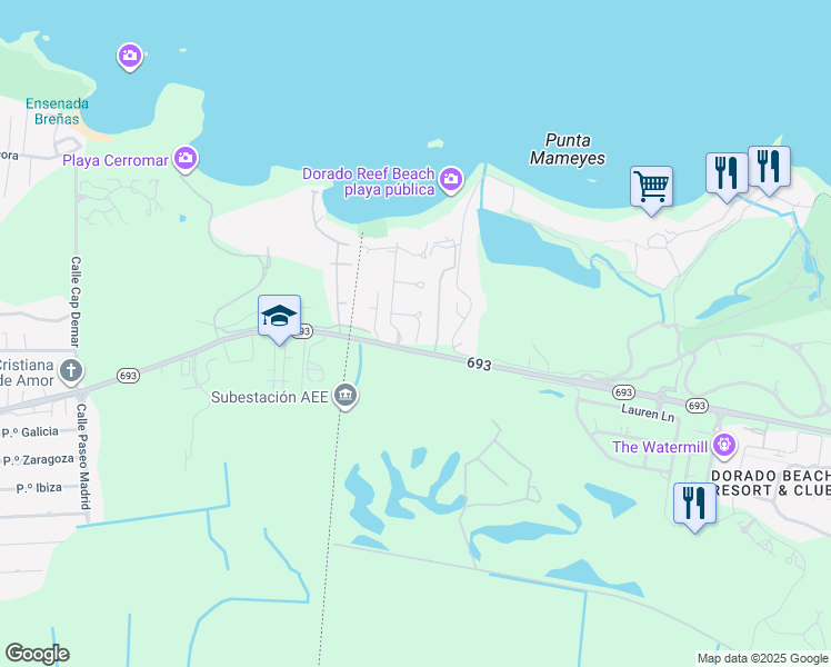 map of restaurants, bars, coffee shops, grocery stores, and more near Boulevar Miramar in Dorado