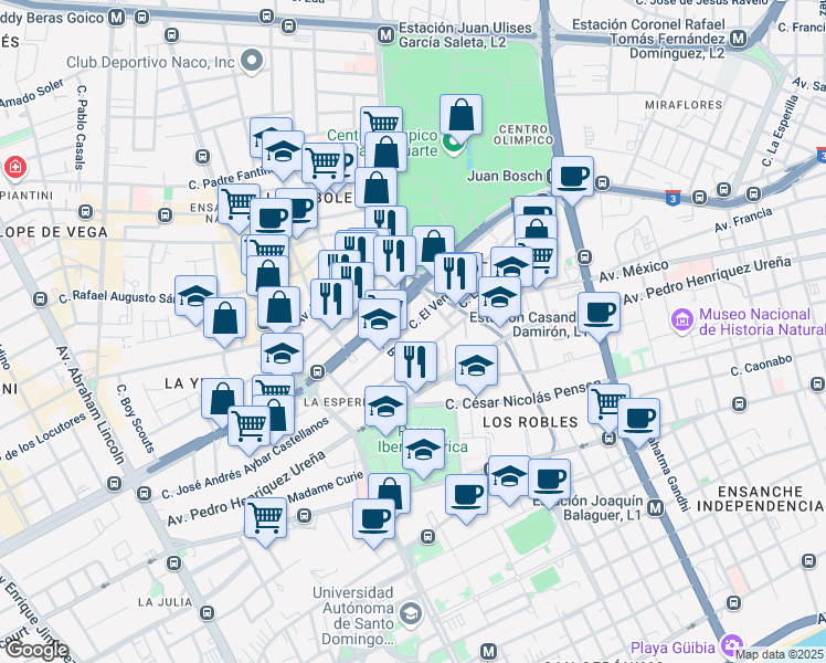 map of restaurants, bars, coffee shops, grocery stores, and more near No. 35 Calle El Vergel in Santo Domingo