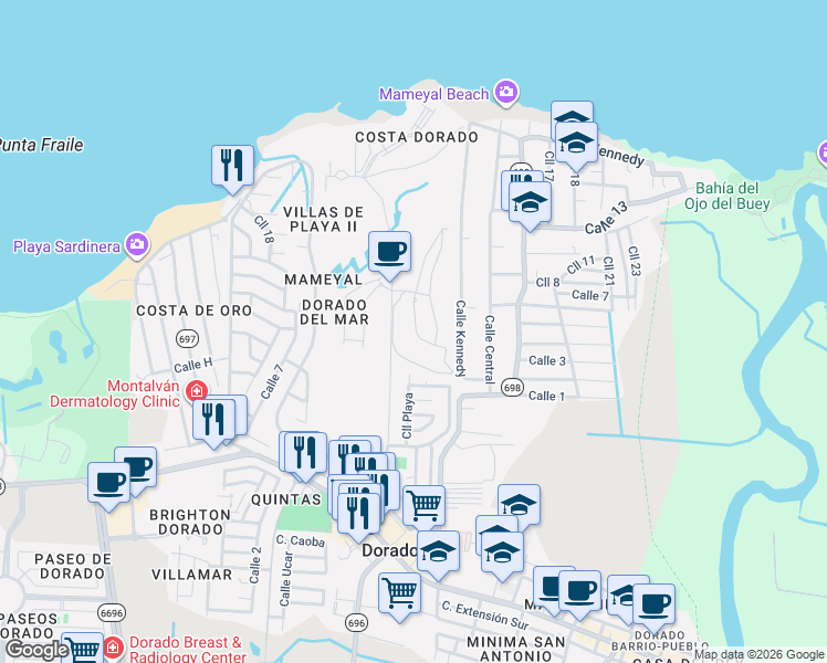 map of restaurants, bars, coffee shops, grocery stores, and more near Calle Boulevard in Dorado