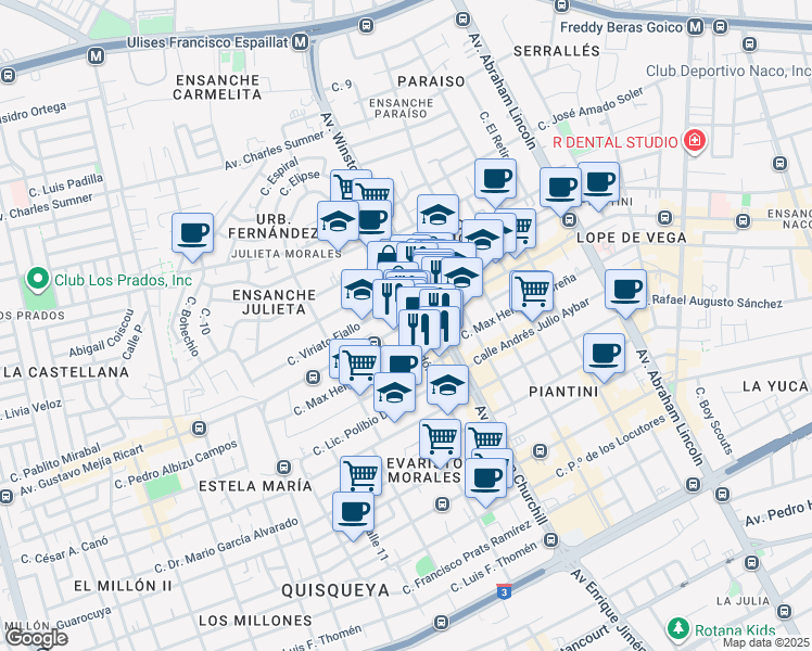 map of restaurants, bars, coffee shops, grocery stores, and more near Calle Virgilio Díaz Ordoñez in Santo Domingo