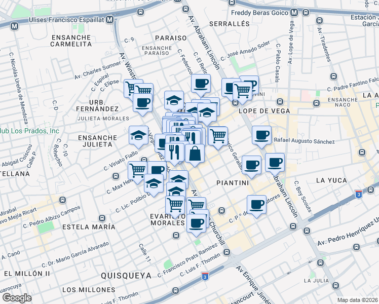 map of restaurants, bars, coffee shops, grocery stores, and more near Calle Freddy Prestol Castillo in Santo Domingo