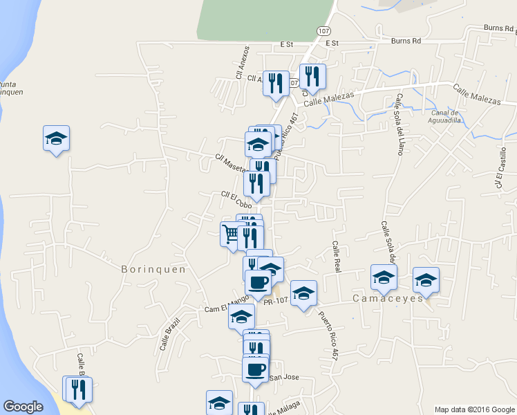 map of restaurants, bars, coffee shops, grocery stores, and more near 107 in Aguadilla