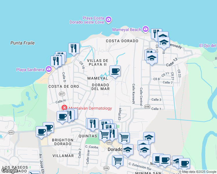 map of restaurants, bars, coffee shops, grocery stores, and more near Calle Blvd in Dorado